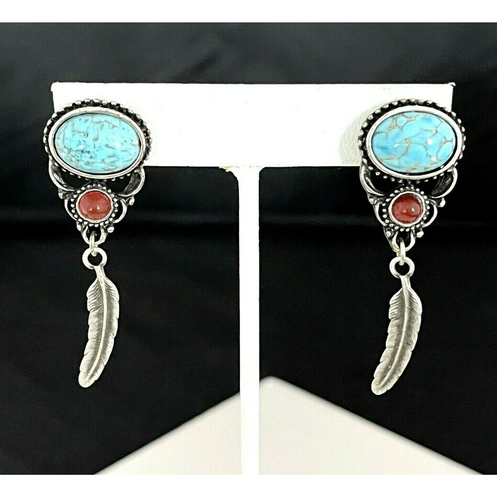 Vintage 1980s Southwest Style Drop Earrings Turquoise Cabochon Feather - 3K